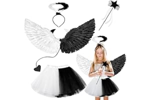 Eyezeeption Halloween Karneval Kinder Kostüm Engelsflügel Schwarz Weiß Engel Kostüm Mädchen, Teufel Engel Kostüm Kinder Zauberstab Engelsflügel für Halloween und Karneval Party Cosplay