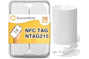 Summerbrite 30PCS NFC Tags NFC Stickers NTAG 215 Chip NFC Tag with Adhesive Back RFID Tag Round NFC Cards Rewritable NFC 215 Tag 504 Bytes Memory Compatible with Most NFC-Enabled Devices-White