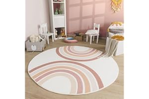 TT Home Alfombra Habitación Infantil De Juego Bebe Lavable Arcoíris Sol Moderna, Color:RosaBeigeRosa, Tamaño:100 cm Redondo