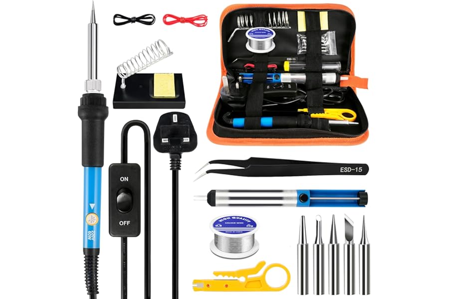 Soldering Iron Kit,60W Soldering-Iron Gun with Adjustable Temp 200-450°C and ON/Off Switch,5 Soldering Tips, Desoldering Pump,2 in 1 Wire Stripper Cutter, Soldering Iron Stand, Tool Case
