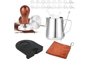 Atliberswo Juego de prensador de café de 51 mm, accesorios para prensar, con jarra de leche de acero inoxidable de 350 ml y lápiz para arte latte, 16 plantillas de café, alfombrilla para prensar, paño