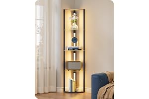 EDISHINE Golvlampa vardagsrum med glashyllor, kontinuerlig dimbar, 3 färgtemperaturer, fotströmbrytare, hörnbokhylla i trä me