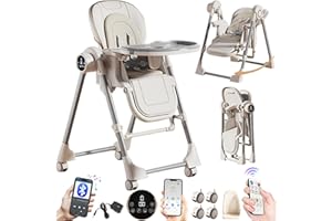 Magic ZC Électrique Bluetooth Intelligent Cuir PU Chaise Haute pour Bébé Chaise de Salle à Manger avec Hauteurs Réglables et Positions Pliable Convertible avec Doubles Plateaux (E8121 White)