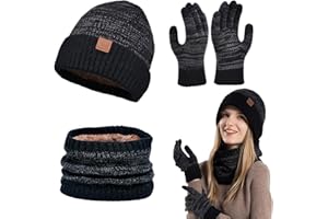 Falafoty Winter Hat Scarf and Gloves Set for Women Men,3 in 1 Winter Thermal Hat Gloves Neck Warm Set Thick Fleece Touchscreen Glove Knitted Cap Cold Weather Accessories for Daily Ski Outdoor