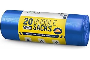 EcoBag 20 Pack Blue Rubble Bags - 40L - 100 Microns - Recyclable Heavy Duty Bin Bags - Leak Resistant Rubble Sacks for Garden, Builders, Caterers, Kitchen, DIY (508 x 762mm)