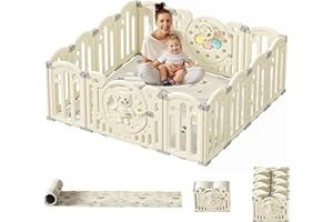 Kakbgee Faltbarer Baby Laufgitter, Tragbarer Spielplatz Einstellbare Form Faltbarer Spielzaun mit Spielzeug und Sicherheitstor, Vormontage Spielbereich Indoor Outdoor （14Panel Weiß）