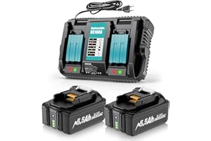 UIONVOT 2 Stück 18V 5.5Ah Ersatzakku + 6A DC18RD Dual Port Ladegerät Kompatibel mit Makita 14.4V-18V BL1830 BL1850 BL1860 BL1840 BL1830B etc Werkzeugakku und DC18RC DC18RD DC18SF DC18RA DC18RF Ladegerät