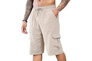 CTU Herren-Leinen-Shorts, lässige Cargo-Shorts, elastische Taille, Kordelzug, Sommer-Strand-Shorts