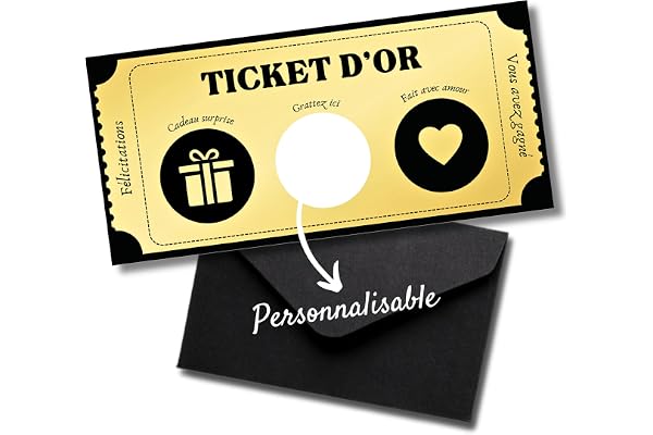 EQUIK PRODUCTS Carte à gratter personnalisable | Chèque cadeau surprise | Carte cadeau, Bon cadeau, Carte anniversaire | Carte couple, Saint Valentin, Noël | Ticket d'or (Jaune)