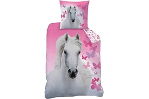MTOnlinehandel Mädchenbettwäsche 135x200, Bettwäsche mit Pferd für Kinder Teenager, Schmetterling, 100% Baumwolle 135 x 200 cm 80 x 80 cm