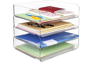 Purilit design 4 Pieces Storage Basket for A4, Plastic Document Tray, A4 Paper Tray for Home, Office, School, Stackable Desk Organiser, Letter Basket, Letter Tray for Files