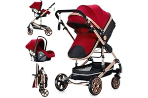 Veitoalioy Kinderwagen 3 in 1, Bequemer Multifunktionaler Kombikinderwagen 3 in 1 Komplettset, Faltbarer Kinderwagen Set, Aluminium Hohe Landschaft Babywagen (739 Red)