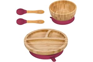 Vinsani Bamboo Bowl, Round Plate and Spoon Set for Baby/Toddler, Suction Plate, Stay-Put Design, Hypoallergenic and BPA-Free (Red)