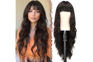FESHFEN Parrucca Marrone Scuro Ondulata con Frangia per Donna, 65 cm Parrucche Lunga Ondulati Ricci Sintetici Naturali Capelli Parrucca Resistente al Calore per Uso Quotidiano Festa