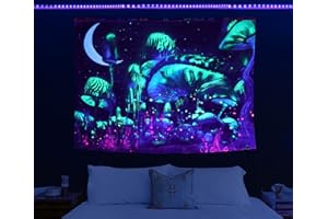 HOLAVIDA Arazzo Funghi, Luce Nera Luna E Stelle Arazzo Da Parete, UV Reattivo Telo Hippie Parete Per Soggiorno Camera Da Letto (150 cm × 130 cm)