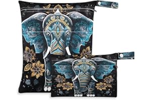 JUMBEAR Tribal Elephant Indain Vintage Black Wet Dry Bags Sets Waterproof Reusable Travel Beach Baby Cloth Diaper Wet Dry Bags Organizer with Two Zippered Pockets for Swimsuit and Gym 2PCS