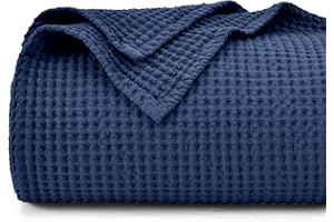 PHF 100% Cotton Waffle Blanket Double Size 150 x 200cm - Pre-Washed Soft Lightweight Throw Blanket for All Season - Perfect Blanket Layer for Couch Bed Sofa - Elegant Home Decoration Navy Blue