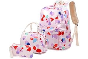 Ink Dot Backpack Set 3-in-1 Kids School Bag, Junlion Laptop Backpack Lunch Bag Pencil Case Gift for Teen Boys Girls Pink