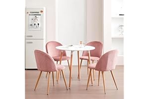 DEYARNA HOME Juego de Mesa de Comedor Redonda con 4 Sillas, Conjunto de Mesa de Comedor y 4 Sillas de Comedor de Terciopelo, Juego de Muebles de Cocina de 5 Piezas (Blanco+Rosa), 80 * 80 * 75cm