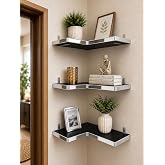 Duraso Modern Engineered Wood Corner Wall Shelf Set of 3 | Floating Corner Shelves with Metal Brackets | Wall Mounted Storage