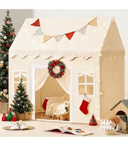 Tienda De Juego Tipi Infantil COSTWAY - Incluye Almohadilla, Luces De Estrellas Y Banderines, Dimensiones 146x96x133 Cm, Para 3-4 Niños, Color Beige