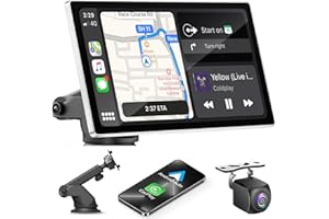 KMUTZY Portátil Radio Coche, Pantalla Carplay para A-pple CarPlay y Android Auto, 9 Pulgadas Táctil Pantalla con cámara retrovisora, Soporta Manos Libres/FM/Mirror Link/AUX con Navegación GPS