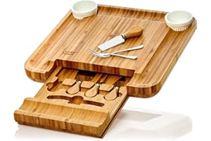 bambuswald© Tagliere Ecologico XXL Incl. 4 Utensili Da Formaggio In Bambù, 34x34x4,5 cm e un Cassetto, Per Servire Formaggio, Cracker, Salame, Tagliere Per Formaggi