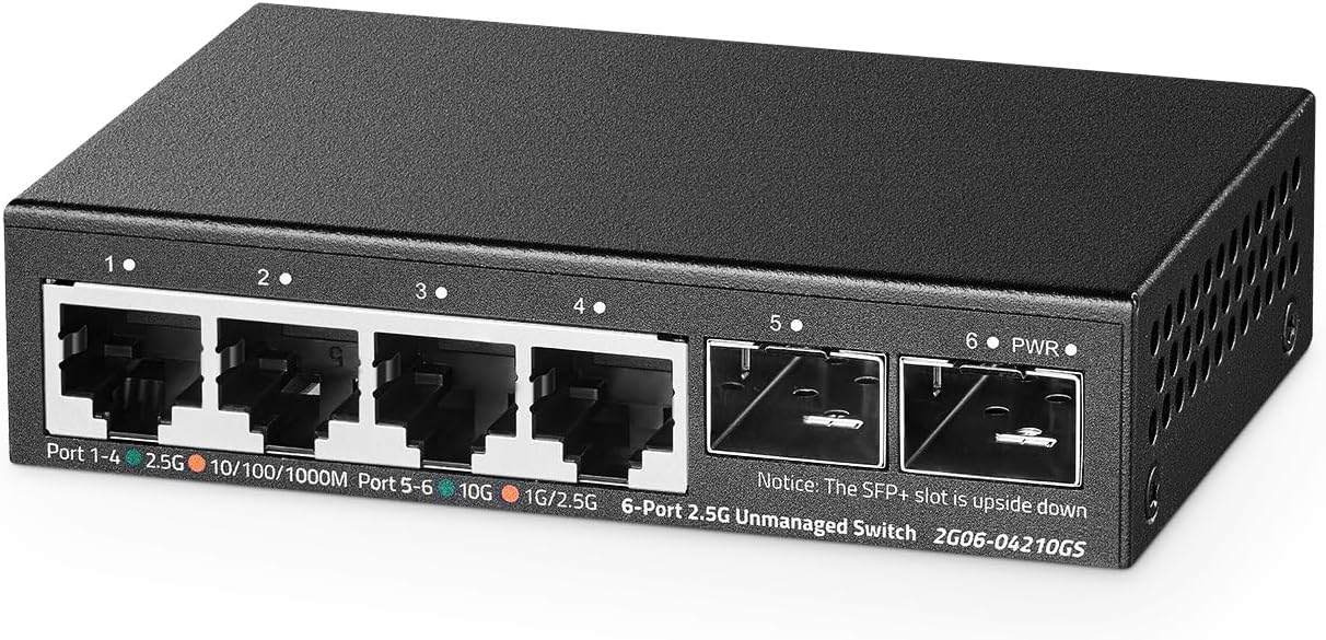 Binardat Conmutador de 4 puertos 2,5G con 2x10G SFP, 4 puertos Ethernet 2,5 Gigabit, tamaño ultra-mini, admite VLAN, conmutador de red multi-Gigabit metálico no gestionado para escritorio/montaje en