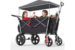 ‎EVER ADVANCED EVER ADVANCED Bollerwagen für 2 Kinder Faltbar mit Dach, Kinderwagen 2x5 Punkt Sicherheitsgurt mit Wickelrucksack, Bollerwagen mit Sitz, Handwagen Transportwagen, Ziehen & Schieben, Fußbremse
