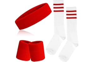 ONUPGO 5 sztuk opasek przeciwpotowych i skarpetek w paski, zestaw sportowych opasek w paski, opaski przeciwpotowe w paski, wysokie skarpety dla mężczyzn, kobiet, sport i impreza lat 80. (czerwone,