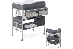 COSTWAY Baby Changing Table, Folding Nursery Changing Station with 4 Lockable Wheels, Rail, Storage Basket & Shelves, Height Adjustable Newborn Bath and Changer Unit Organizer (Grey)