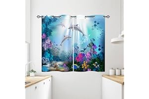ANHOPE Dolphin Curtains Eyelet Soft Thermal Blackout Curtains Ocean Underwater Tropical Fish Print Pattern Ring Top Soundproof Window Drapes for Kids Bedroom Living Room 28 x 54 Inch Drop 2 Panels