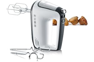 ‎SEVERIN SEVERIN Handmixer, Handrührgerät mit 5 Geschwindigkeitsstufen, praktischer Handrührer mit 2 Edelstahl-Rührbesen und -Knethaken, 400 W, weiß-schwarz / Edelstahl, HM 3830