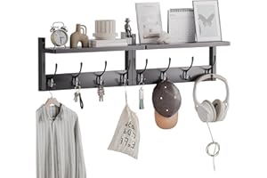 STELLSTAR Perchero de Pared con Estante, 2 Paquetes de Percheros de Pared de Bambú con 8 Ganchos para Entrada, Pasillo, Cocina, Baño, Salón, Lavadero (Negro)