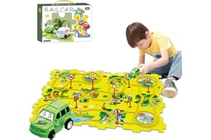 DQTYE Puzzle Slot Car Track Playset DIY Assembling Electric Trolley Battery-Operated Toy Vehicle & Puzzle Board, Fun Rail Car Building Toys for Kids Ages 3+ Years - Dinosaur Land