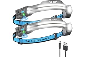 Smiling Shark TS-2 Lampe Frontale, LED Head Lamp Rechargeable 2400mAh 2x Projecteur Orientable & Flood & Strobe Headlamp avec Capteur de Mouvement pour Camping, Jogging, Randonnée, Course (2 PACK)