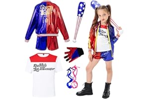 CNEXMIN Costume Quinn Bambina Set Vestito Quinn Ragazze Bambina con T-shirt, Pantaloncini, Cappotto, Guanti per Halloween Carnevale Cosplay