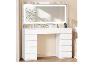 Hzuaneri Sminkbord med Stor HD-Spegel, Sminkbord med 3 Färgjusterbara LED-Lampor, med 11 Lådor, 3 Förvaringsfack och 1 Topphy