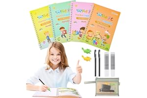 Xialvyu Magic Copybook Calligraphy Set for Kids, 4pcs Pen Control Exercises Copybooks,Reusable Practice Handwriting Tracing Workbook with Pens,Pen Writing Aid Grip and 10 Refills(S)