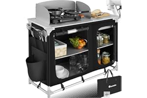 TecTake® Meuble de Rangement Cuisine de Camping Pliable en Aluminium, avec Étagères, Plan de Travail, Pieds réglables, Sac de Transport Inclus, Stockage pour Vaisselle, Accessoires Cuisine, Aliments