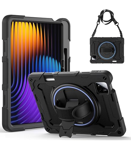 Étui de protection robuste for Xiaomi Redmi Pad 2 11 pouces 2025, support rotatif à 360°, bandoulière, porte-crayon et anneau de poignée, coque antichoc for enfants et adultes(Black
