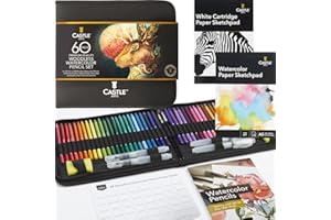 Castle Art Supplies Estuche 60 Lápices Acuarela sin Madera | 48 Lápices Colores Intensos Pigmento Calidad, Accesorios | Todo Mina | Artistas, principiantes, ilustradores | Resistente Estuche Tela