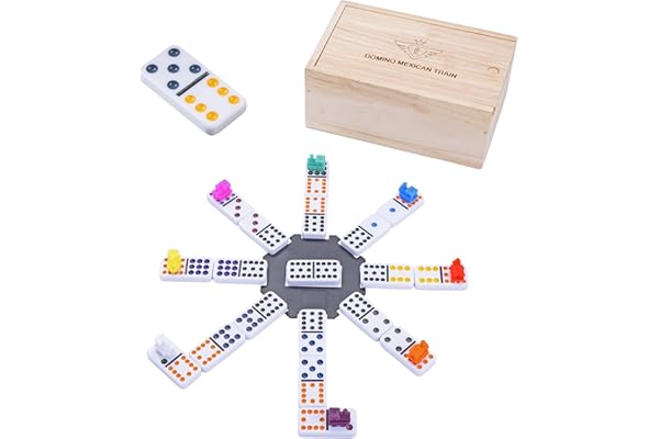 Engelhart - 250170 - Coffret Domino Mexicain Train - Double 12 - Premium - Jeu de Société Familial - Stratégie et Logique - 91 Dominos Colorés 9 mm + 8 Trains Colorés - À partir de 3 Ans