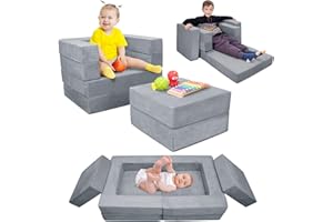 Babenest 3-in-1 Aufklappbares Kindersofa, 5D Schaumstoff Spielesofa für Baby, Kindersessel Couch mit Schlaffunktion für Kinderzimmer Kindertags- und Geburtstagsgeschenk für Mädchen und Jungen, Grau