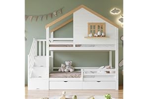 RIAZOS Kinderbett 90x200 cm, Etagenbett mit Stauraumtreppe, Hausbett mit Fenster, Multifunktionsbett mit 2 Schubladen, Bettgestell mit Fallschutzgitter für 2 Kinder, ohne Matratze, Weiß+Natur