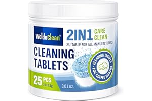 WOLDOCLEAN Pastillas de limpieza bifáscias para cafeteras - 25 unidad de 2 fases tabletas para cafeteras superautomaticas, elimina depósitos y los residuos grasos del café