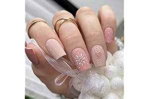 Ceboic 24 szt. Boże Narodzenie Press on Nail krótkie kwadratowe, różowe, francuskie paznokcie do naklejenia z płatkami śniegu 3D, wzór miłości, akryl, pełne pokrycie, sztuczne paznokcie dla kobiet