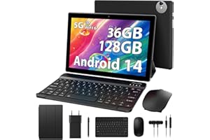 RUSHAR Newest Tablet 10 Pollici Android 14 con 5G WIFI 6,36GB RAM+128GB ROM (1TB TF),2.0Ghz,8000mAh,Dual Camera,8MP+5MP,Bluetooth,Tablet in offerta con Tastiera,Nero