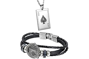 Aroncent Collier Pendentif Bracelet Homme Carte Poker As Pique Lion Bouddha Dragon Acier Inoxydable Alliage Cuir Lot de 2 Avec Sac Cadeau Bijoux Fantaisie Mini Prix