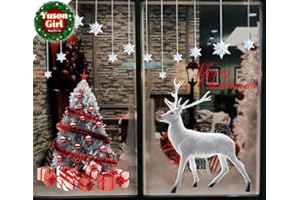 Yuson Girl Large Reusable Merry Christmas Tree Reindeer Wall Window Stickers Door Cover Window Clings Removable Wall Decal Mural Stickers for Xmas Home Shop Store Display Decorations